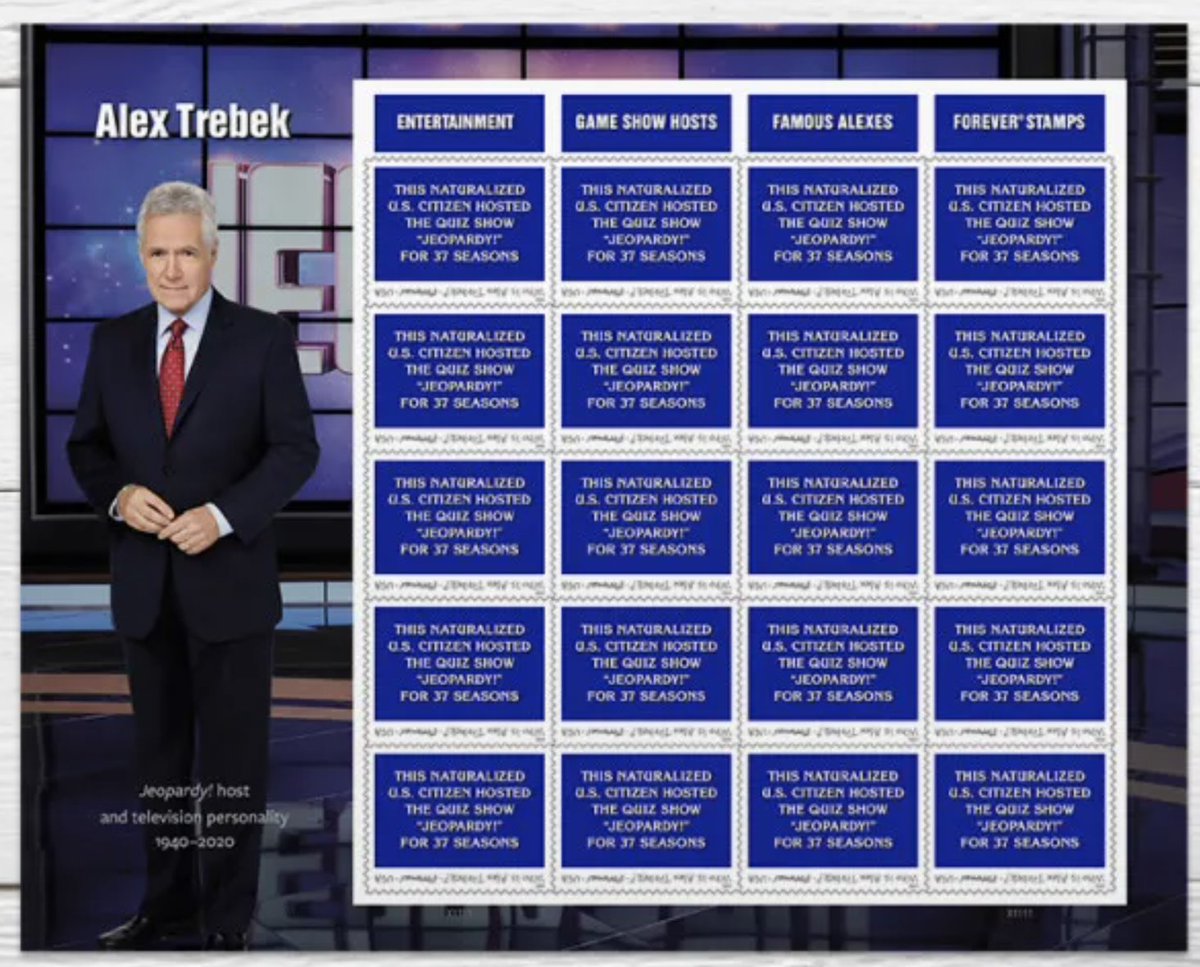 The Alex Trebek tribute stamps from USPS are pitch perfect.