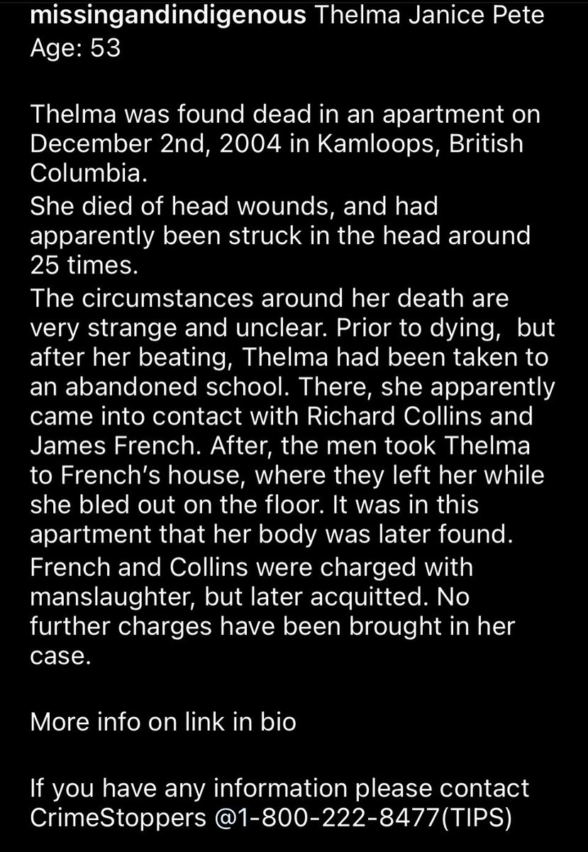 native_missing's tweet image. Thelma Janice Pete
Age: 53
Thelma was found dead in an apartment on December 2nd, 2004 in Kamloops, BC.
If you have any information please contact CrimeStoppers @1-800-222-8477(TIPS)
#mmiw #mmiwg #metoo #indigenous #crime #crimestoppers #missing #murder #femicide #women