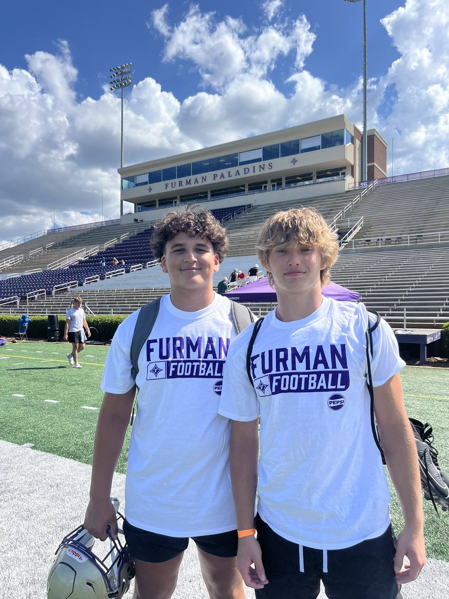 CHSHurricaneFB's tweet image. A couple of our 2027s camping at Furman.  DL/OL Adam Fernandez and LB Sam Bailey.  #IfYouLoveItSayCanes #GreatToBeInTheVille