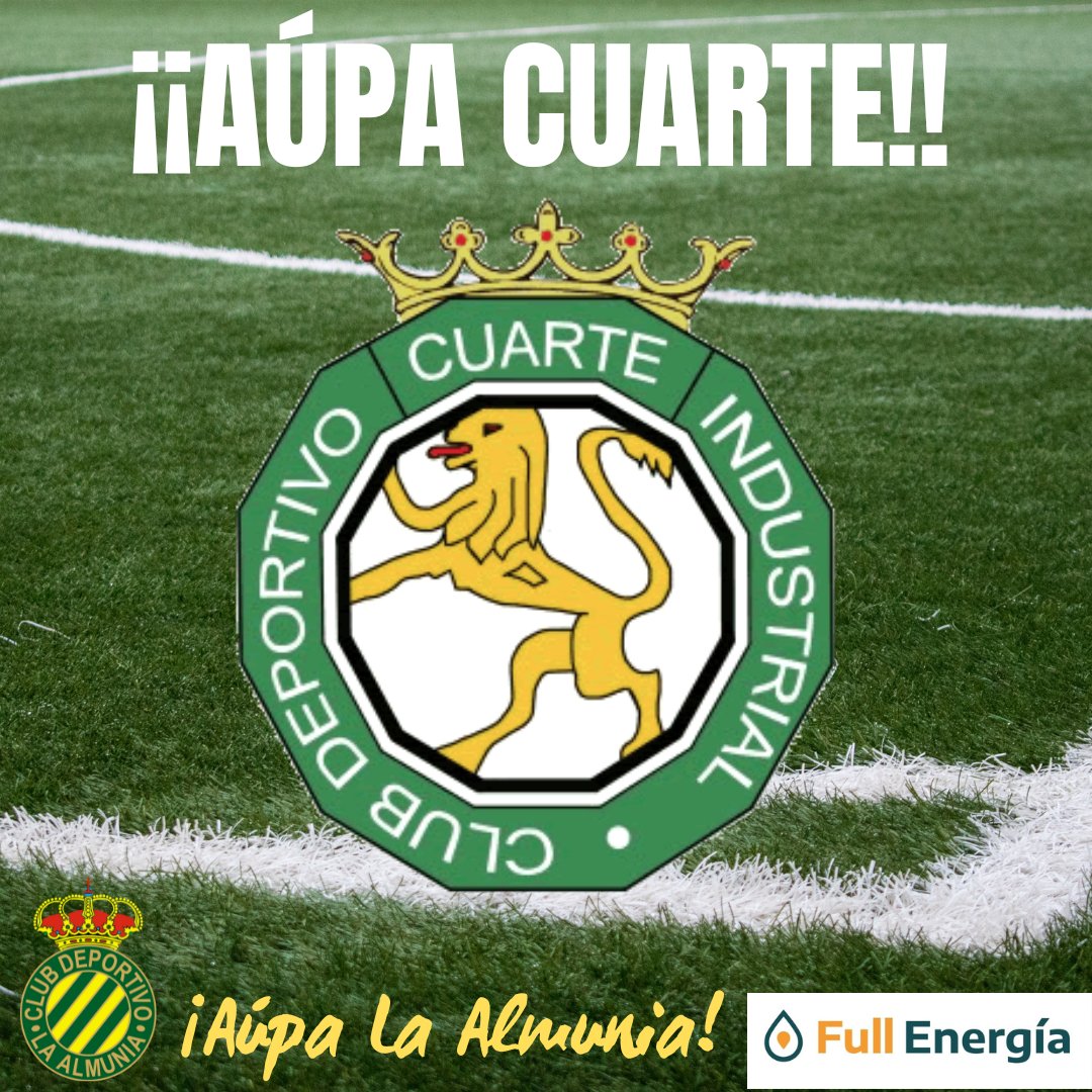 El CD LA ALMUNIA desea toda la suerte del mundo al CD CUARTE en su último asalto para conseguir el ascenso a la Segunda RFEF.
🟢💪🟡👍🟢. Aúpa @cd_cuarte 
Aúpa La Almunia 💚 💛.  @fullenergiaoficial