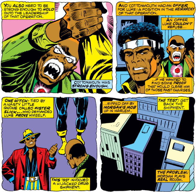 MarvelADay's tweet photo. #MarvelADay #PM20 We're treated to a brief recap of last issue, featuring the fiendishly fanged Cottonmouth &amp; a weird third panel with just Luke's legs. BTW, Boss Morgan is the same character from Cap &amp; Falcon. - crs https://t.co/h6dXU4MD3J