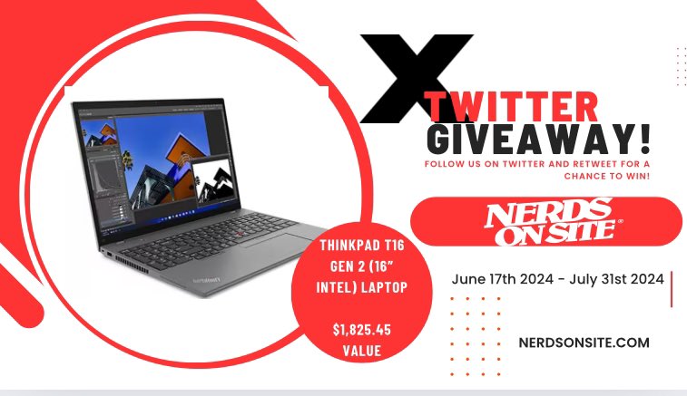 noslethbridge's tweet photo. 🚨 TWITTER GIVEAWAY ALERT!🚨
We're giving away a brand new Lenovo T16 Laptop! 💻🎉
   How to enter:
   1️⃣ Follow @noslethbridge 
   2️⃣ Retweet this post
(Each action = 1 entry! 🎟️)
Start Date: june 22- End Date: July 31 (winner will be announced)
#giveaway #Lethbridge #YQL https://t.co/GmKJXpOP9H