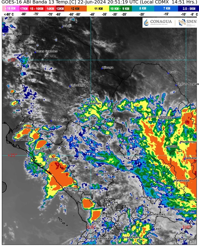 22 de junio 2024 03:00 pm Precipitación al oriente de la cd. de #Durango en este momento. En la imagen satelital más reciente se observa también precipitación en la Región de los Llanos y lluvias aislads en mpios del norte. Imagen de
<a href="/webcamsdemexico/">Webcams de México</a>
Imagen de satélite: SMN