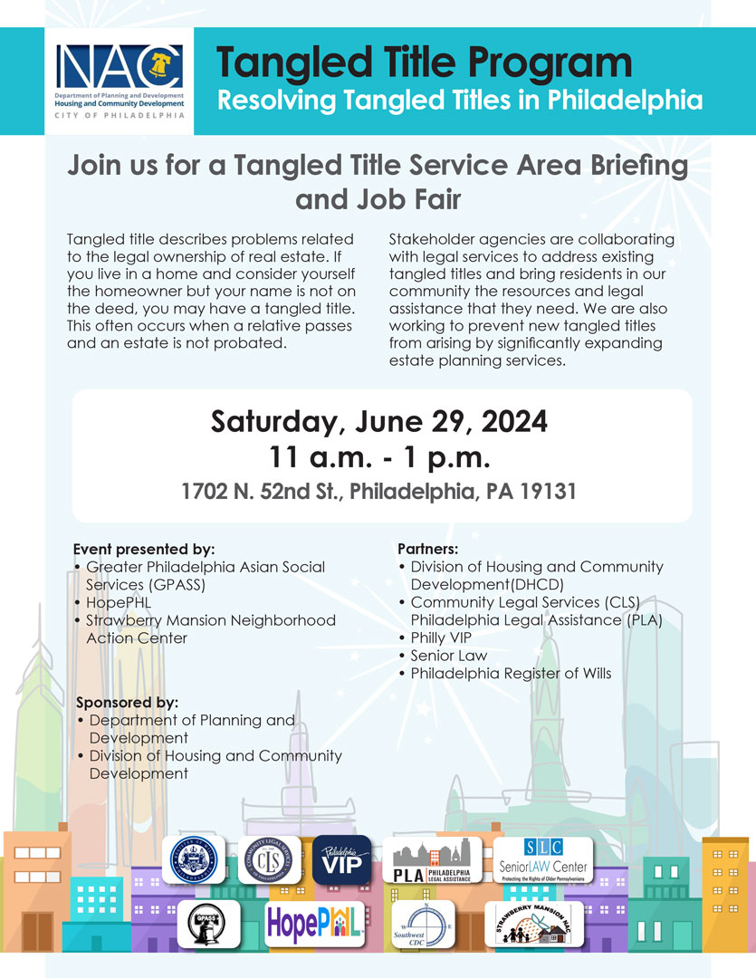 Join us for the Tangled Title Service Area Briefing on June 29, from 11 am to 1 pm at 1702 N. 52nd St., Philadelphia, PA 19131. Don't miss this opportunity to learn and take action!