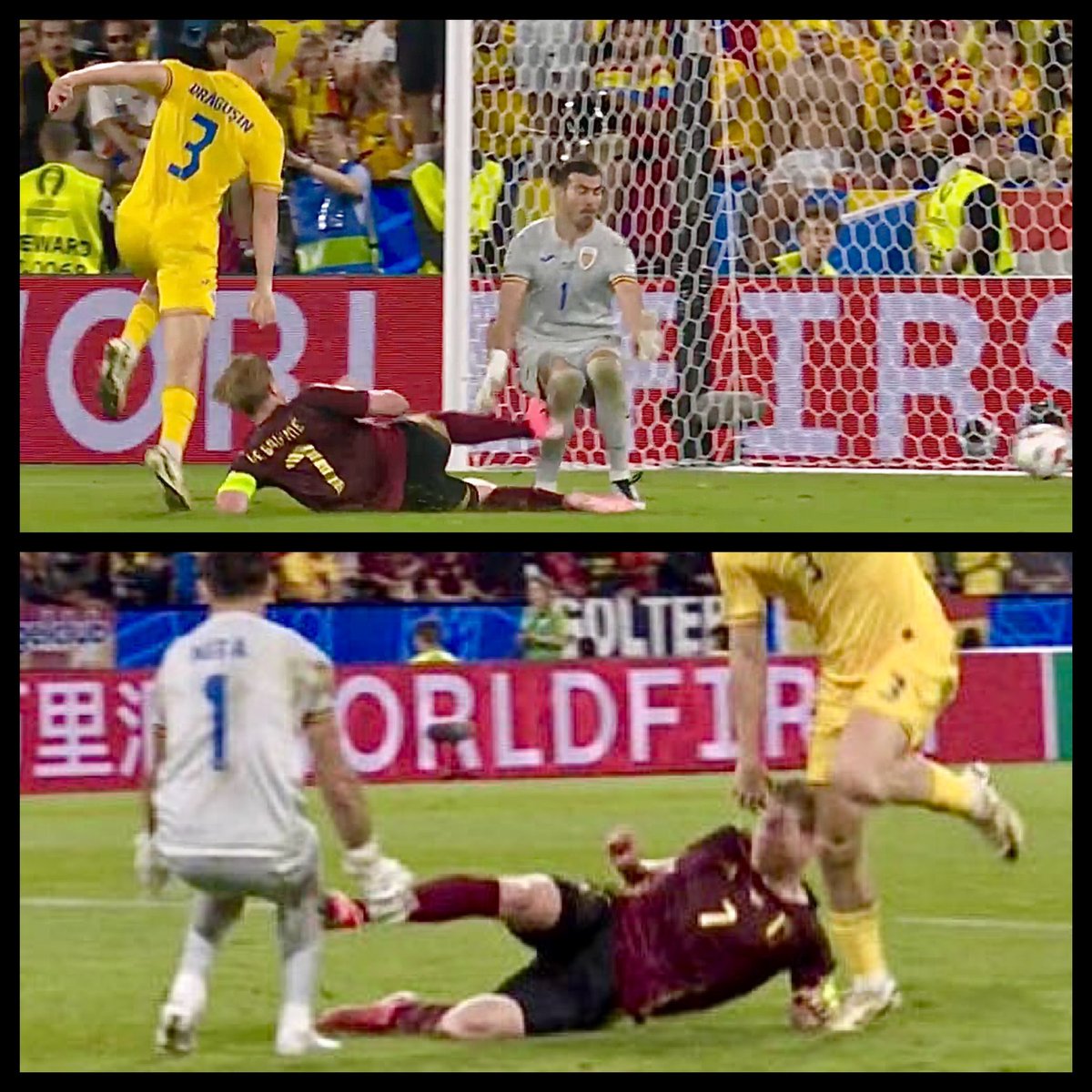 LAsnapperPAP's tweet photo. #BELROU #BBCSport #ITVSport #EURo2024  #BelgiumVsRomania #DeBruyne #Belgium - If this happened in the middle of the park then it’s 100% dangerous play for following thru with studs smashing into the leg just below the keepers knee so #KevinDeBruyne shouldve been #SentOff #RedCard https://t.co/D7VbD1tWGc