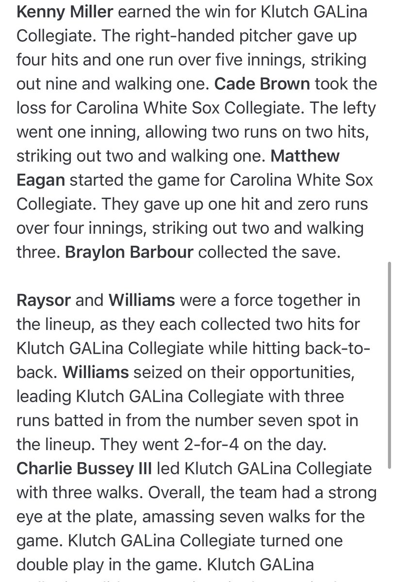 FINAL from Game 1 in Fayetteville, NC

<a href="/Klutch_GALina/">ꓘlutch Collegiate Georgialina Baseball</a>           8️⃣
<a href="/sox_carolina/">Carolina White Sox</a>                1️⃣

W - <a href="/KennyMillerM/">Kenny Miller</a> (4-0)
L   - C. Brown (0-2)
Sv - <a href="/BarbourBraylon/">braylon barbour</a> S,(4)

HR - <a href="/g_travonte/">Travonte Williams</a> (2)

#CarolinaCollegiateLeague