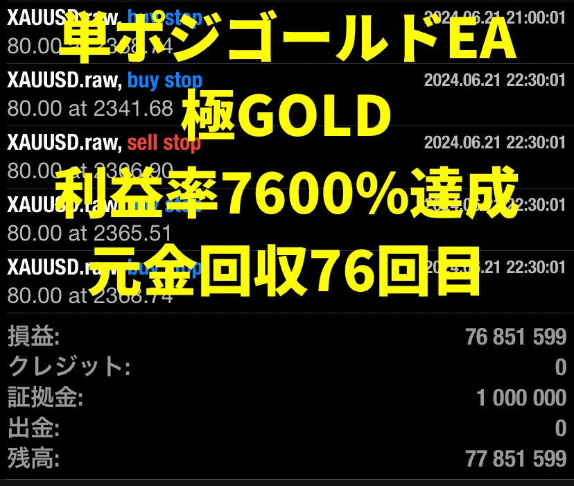 【単ポジなのに利益率7600%達成‼️】

🐲1万円から利用できる最強無敵EA🐲

🔥🔥🔥極GOLD🔥🔥🔥

✅ナンピンマーチン無し
✅トレイル機能で利益無限大♾️
✅オートロットシステム搭載

【オプチャ人数1100名突破㊗️】

⚠️爆発的に参加者増えてます‼️⚠️
今すぐ参加しよう‼️
line.me/ti/g2/pDZnh4sx…