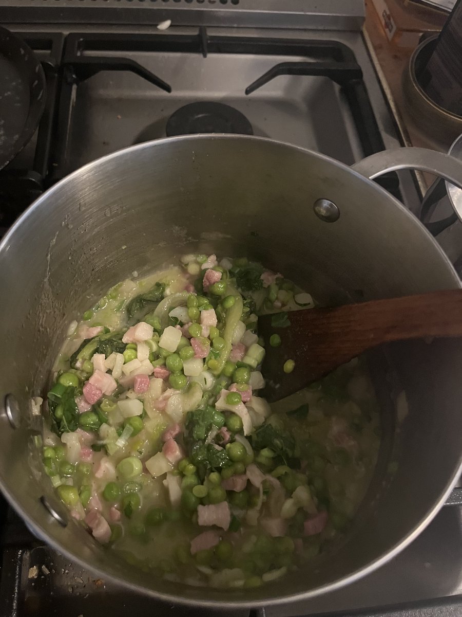 Petits pois à la Française in the making. As <a href="/rowley_leigh/">Rowleyleigh</a> would point out it's strictly speaking "au lard". And, horror of horrors, I've used some very finely diced potato. Little Gem, of course. Plus fresh mint. And it was bloody good!
