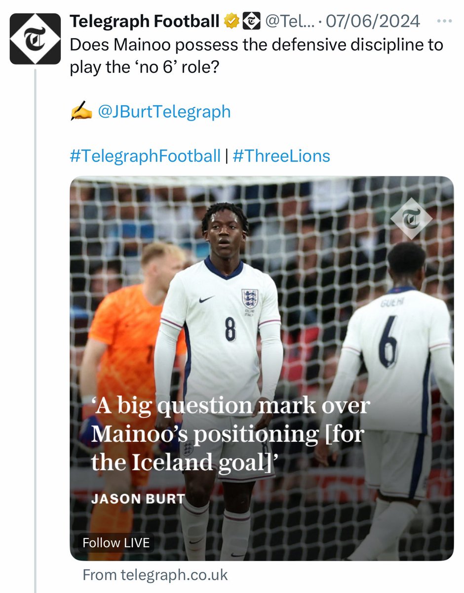 JayMotty's tweet image. The same journalist 20 mins into a teenagers 2nd start for England - and he wasn’t even remotely at fault for the goal.