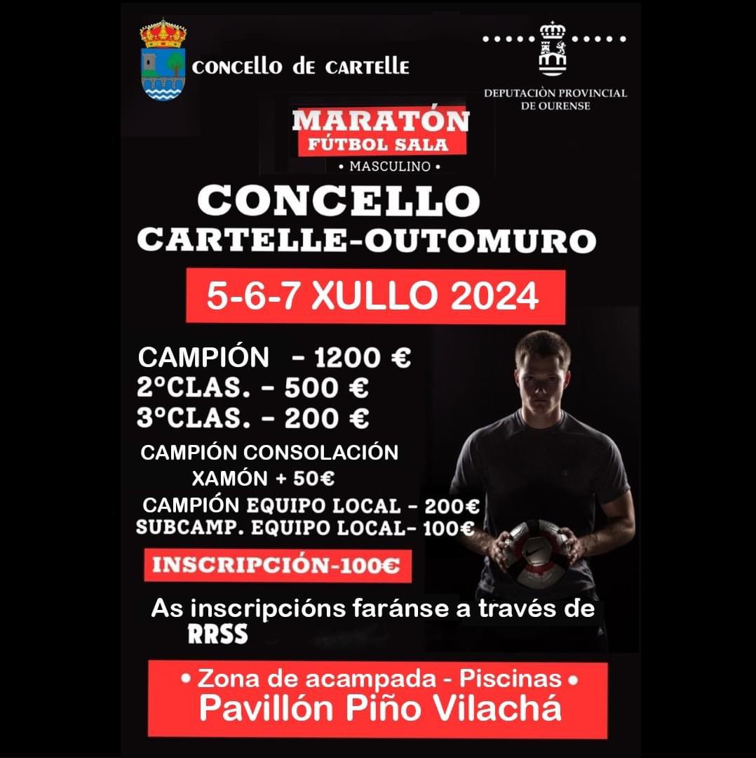 ⚽️𝐌𝐀𝐑𝐀𝐓𝐎́𝐍 𝐅𝐔́𝐓𝐁𝐎𝐋 𝐒𝐀𝐋𝐀 𝐌𝐀𝐒𝐂𝐔𝐋𝐈𝐍𝐎⚽️
 que se celebrará os días 5, 6 e 7 de xullo, no Pavillón Piño Vilachá.
Habilitada zona de acampada e piscina. 
Inscrición aberta.
Agardámoste co teu equipo nesta fin de semana de celebración deportiva‼️