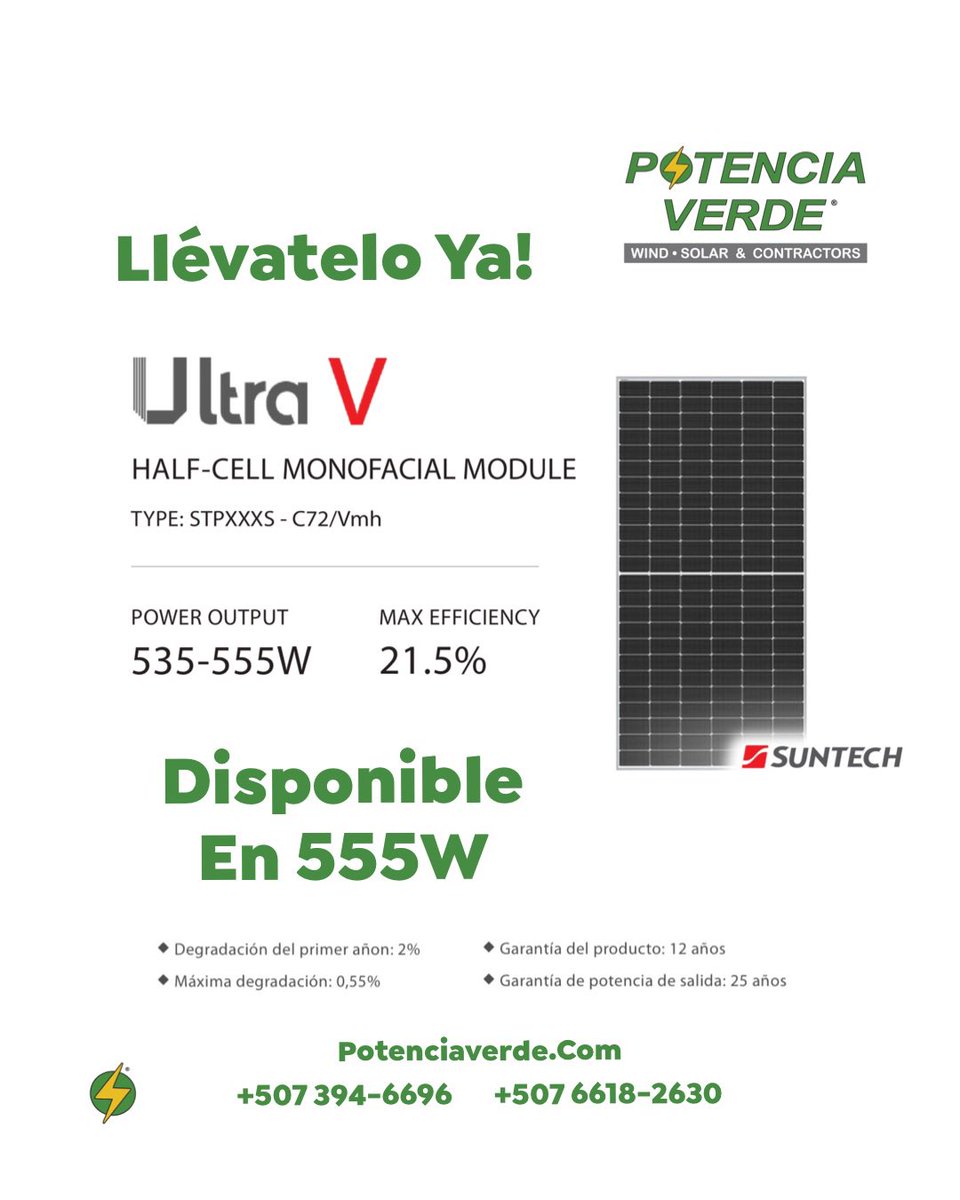 NanikSinghC's tweet image. #PanelesSolares☀️
Alta Eficiencia 🤯
Monocristalino
#Suntech #UltraV
#PotenciaVerde✅

Más Info en PotenciaVerde.com

#EnergíaSolar
#EnergíaLimpia
#Panamá
#Centroamérica
#AhorraAhora 
#SuperPrecios