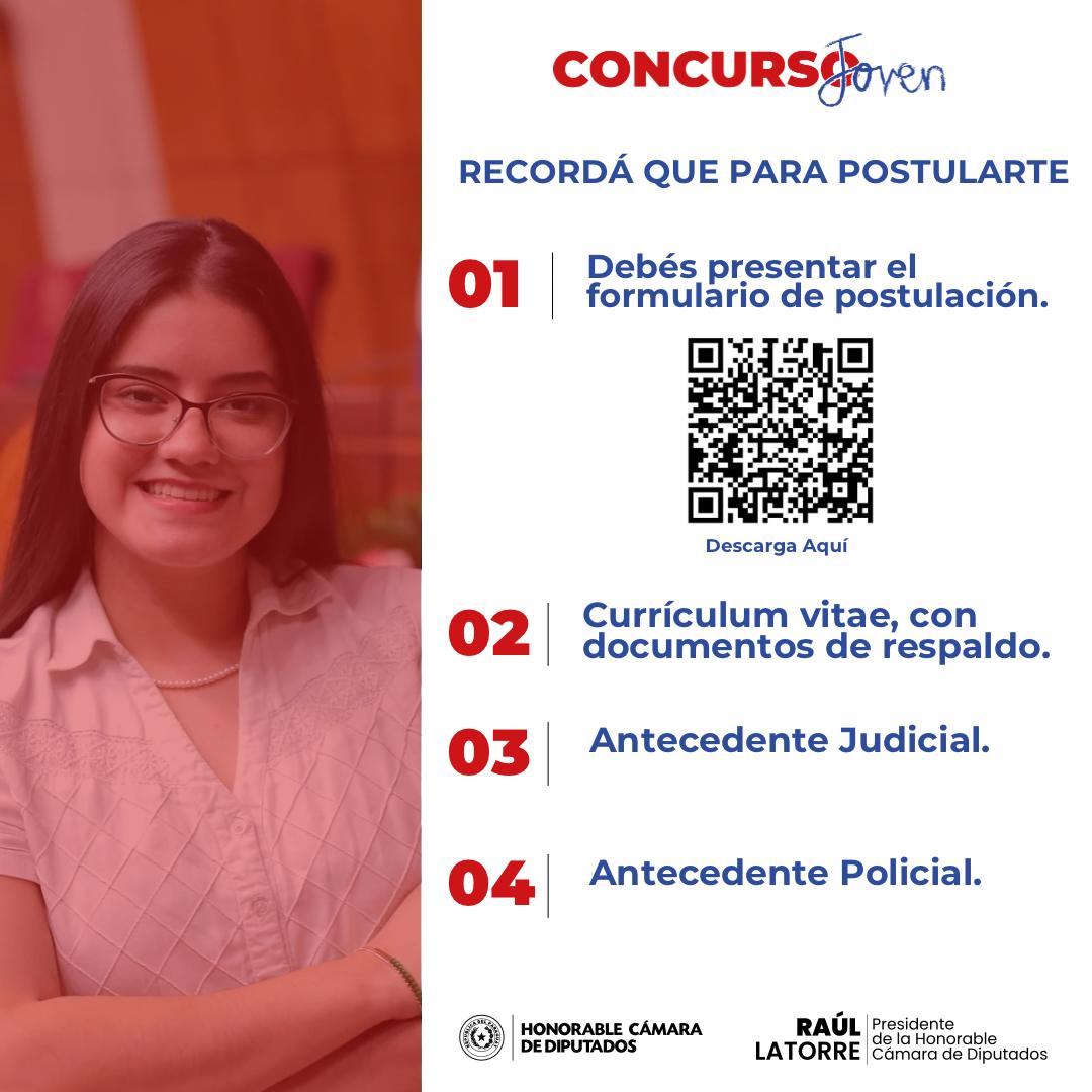 tvcamarapy's tweet photo. ¡Atención postulantes del Concurso Joven!
Recordamos a todos los participantes que para completar su inscripción deberán presentar los siguientes documentos:
- Formulario de postulación
- Curriculum Vitae (con documentos de respaldo)
- Antecedente judicial
- Antecedente policial https://t.co/vrC6ObAiGD