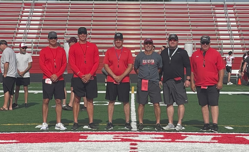 coachcoryc's tweet photo. We put the old staff together again! It was a blast coaching with the best there is for three days bringing Texas football to Elk River, Minnesota.  The bonds and connection of this group of coaches is unmatched! #WeStillGotIt #61DegreesInJune #CoachCainTheRealtor https://t.co/EencBvLKJk