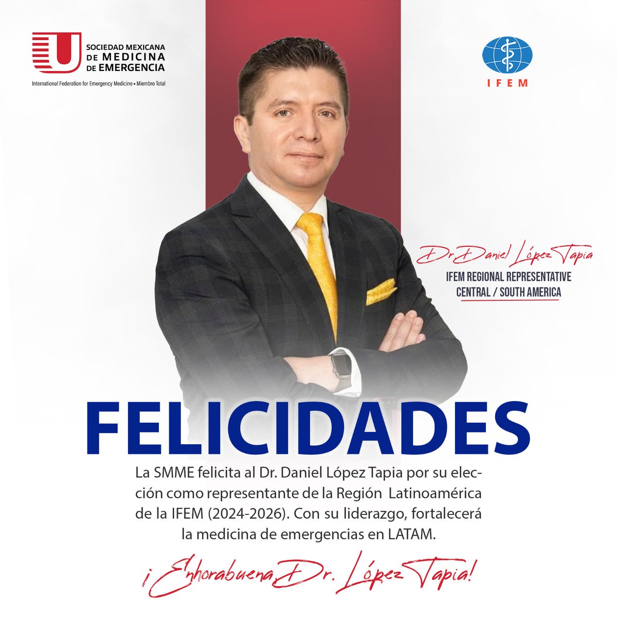 Dr. <a href="/jdlopeztapia/">J Daniel Lopez Tapia</a> en la #SMME, creemos firmemente que su pasión y compromiso en la #MedicinaDeUrgencias, es un gran referente en #LATAM. Felicidades 🎊 por su nombramiento como Representante Regional de <a href="/IFEM2/">International Federation for Emergency Medicine</a>
#PorUnaMedicinaDeUrgenciasParaTodos 
 #EmergencyMedicine