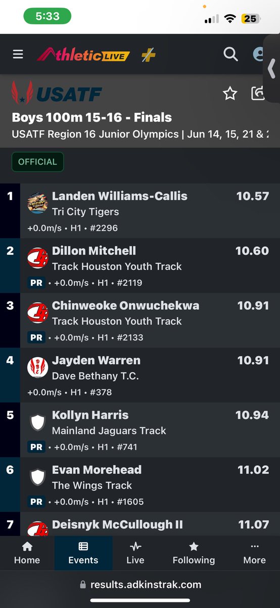 Qualified for the USATF Junior Olympics for the 100m dash with a 10.94 official. #USATF #JuniorOlympics