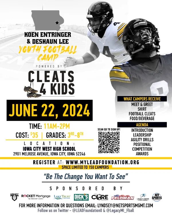 Legacy Football Organization (@legacymi_fball) on Twitter photo Cleats 4 Kids Iowa in Iowa City with Koen Entringer & Deshaun Lee 🤝
Thank you to all who made this great event possible!
<a href="/KoenEntringer/">Koen Entringer</a> <a href="/deshaun3lee/">Bean</a> <a href="/netsportsmgmt/">Net Sports Management</a> @RocketMortgage <a href="/LegacyLouAdams/">Louis Adams</a> Cleats 4 Kids Iowa in Iowa City with Koen Entringer & Deshaun Lee 🤝
Thank you to all who made this great event possible!
<a href="/KoenEntringer/">Koen Entringer</a> <a href="/deshaun3lee/">Bean</a> <a href="/netsportsmgmt/">Net Sports Management</a> @RocketMortgage <a href="/LegacyLouAdams/">Louis Adams</a>