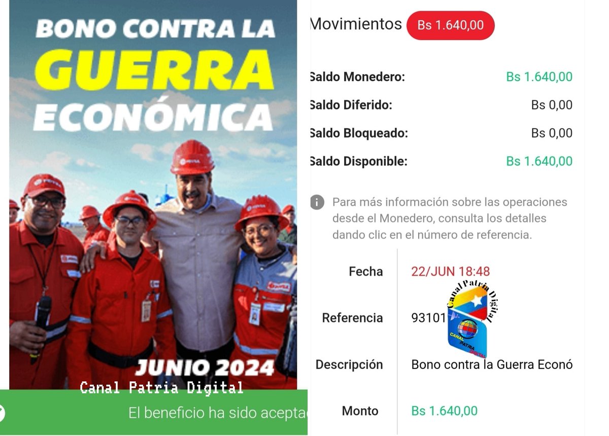 #️⃣AHORA 

💳 Continúa la entrega del Bono Contra la Guerra Económica (junio 2024) enviado por el presidente <a href="/NicolasMaduro/">Nicolás Maduro</a>  a través de la #PlataformaPatria para los pensionadas y Pensionados del #IVSS.

✳️ MONTO: 1.640,00 Bs.

La entrega se realizará de manera directa y gradual.