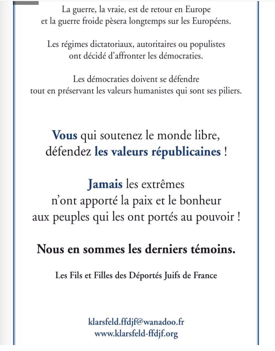 Il n’y a que les #Klarsfeld pour répondre aux Klarsfeld. Ci-après l’encart diffusé en avril 2022. Rien à retirer. Rien à ajouter.