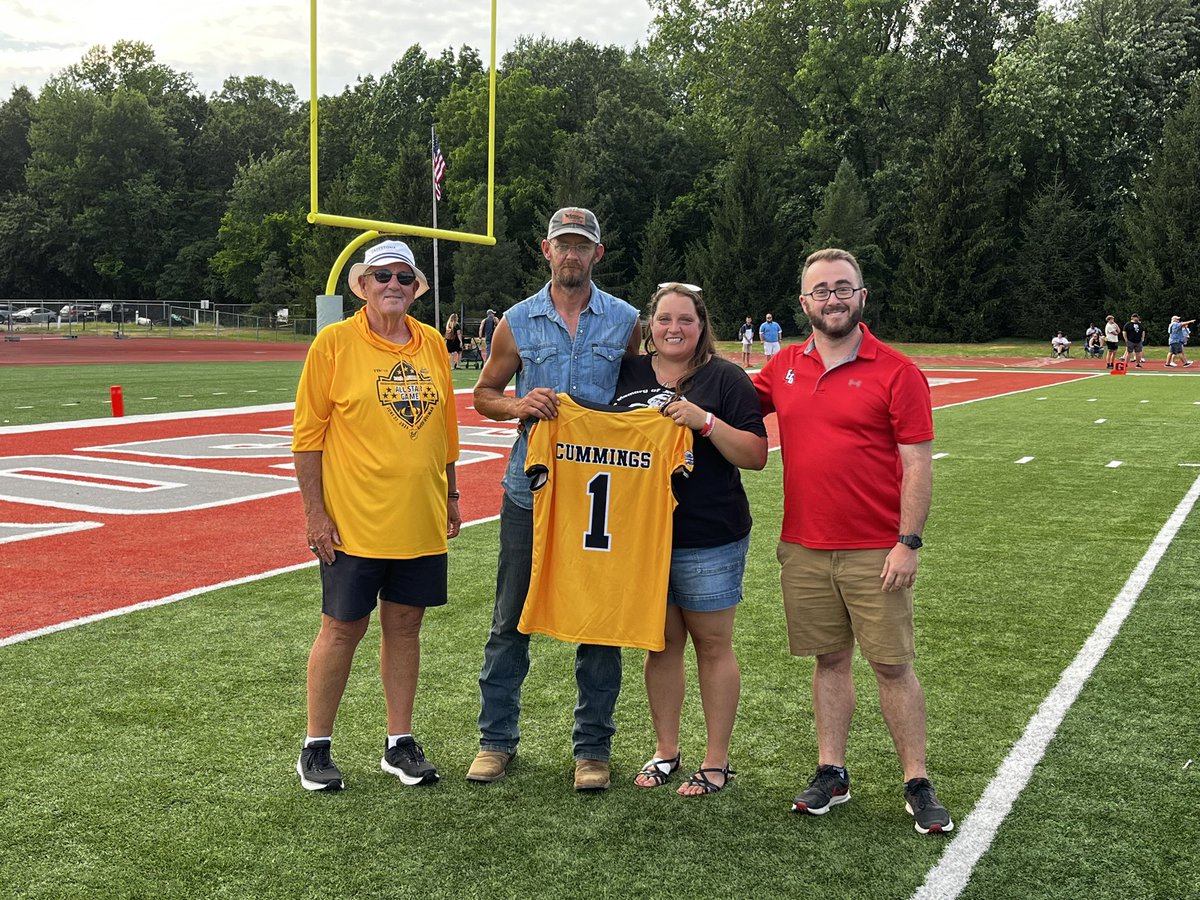 The family of Mike Meyer, and family of Jedd Cummings, accept their jerseys before the game from All-Star Game Director Tom Jones, and President of the WVFCA Greg Barrett. Prayers to both families, as both were losses to the Wabash Valley!