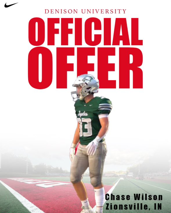 Chase Wilson (@chase___wilson) on Twitter photo After a great phone call with <a href="/coachhatem/">Jack Hatem</a>, I am blessed to announce I have received an offer from Denison University! Looking forward to being on campus Sunday with <a href="/coachjo51/">Jovon Johnson</a>!
<a href="/CoachTurnquist/">Scott</a> <a href="/Coach_Cush/">Jaylen Cushenberry</a> <a href="/JoelJanak/">Joel Janak</a> <a href="/ZionsvilleFB/">Zionsville Football</a> <a href="/DFO_AJ/">Andrew Foster Jr.</a> After a great phone call with <a href="/coachhatem/">Jack Hatem</a>, I am blessed to announce I have received an offer from Denison University! Looking forward to being on campus Sunday with <a href="/coachjo51/">Jovon Johnson</a>!
<a href="/CoachTurnquist/">Scott</a> <a href="/Coach_Cush/">Jaylen Cushenberry</a> <a href="/JoelJanak/">Joel Janak</a> <a href="/ZionsvilleFB/">Zionsville Football</a> <a href="/DFO_AJ/">Andrew Foster Jr.</a>