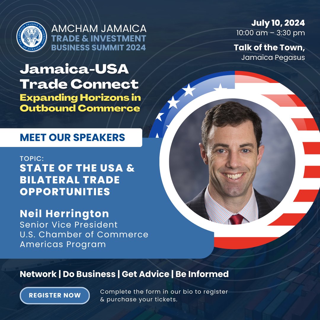 The American Chamber of Commerce of Jamaica (@amchamjamaica) on Twitter photo Meet our Guest Speaker: Neil Herrington - Senior Vice President of the US Chamber of Commerce Americas Program. <a href="/USChamber/">U.S. Chamber</a>
Learn how to expand your business operations and forge new partnerships between Jamaica and the U.S.A.
Register here: forms.office.com/r/mkw4ezF1Rv Meet our Guest Speaker: Neil Herrington - Senior Vice President of the US Chamber of Commerce Americas Program. <a href="/USChamber/">U.S. Chamber</a>
Learn how to expand your business operations and forge new partnerships between Jamaica and the U.S.A.
Register here: forms.office.com/r/mkw4ezF1Rv