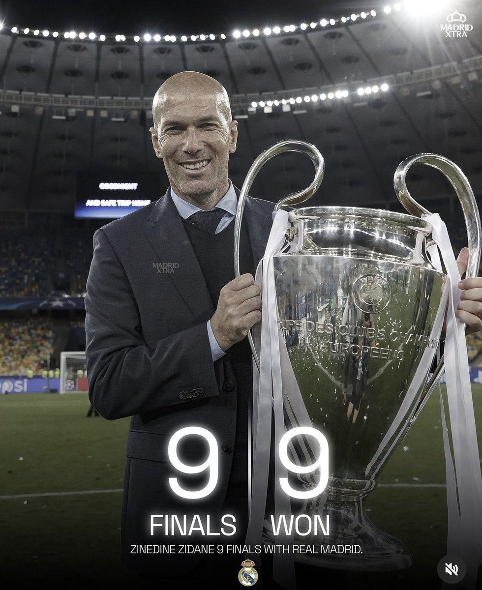 MadridXtra's tweet photo. Zinedine Zidane managed 9 finals at Real Madrid.

He won all 9. https://t.co/THapV7hzBd