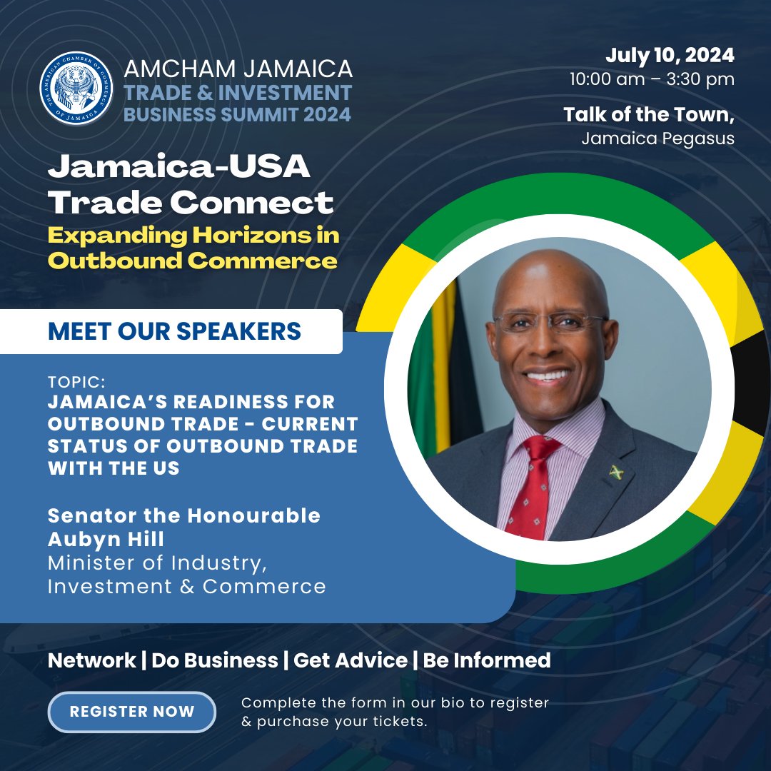 The American Chamber of Commerce of Jamaica (@amchamjamaica) on Twitter photo Senator the Honourable <a href="/HillAubyn/">Aubyn Hill</a> , MP will be at the AMCHAM Jamaica Trade & Investment Business Summit. Will you?
We’re getting Jamaican businesses ready for Outbound Trade - enabling economic growth and opportunities.
Register here: forms.office.com/r/mkw4ezF1Rv Senator the Honourable <a href="/HillAubyn/">Aubyn Hill</a> , MP will be at the AMCHAM Jamaica Trade & Investment Business Summit. Will you?
We’re getting Jamaican businesses ready for Outbound Trade - enabling economic growth and opportunities.
Register here: forms.office.com/r/mkw4ezF1Rv
