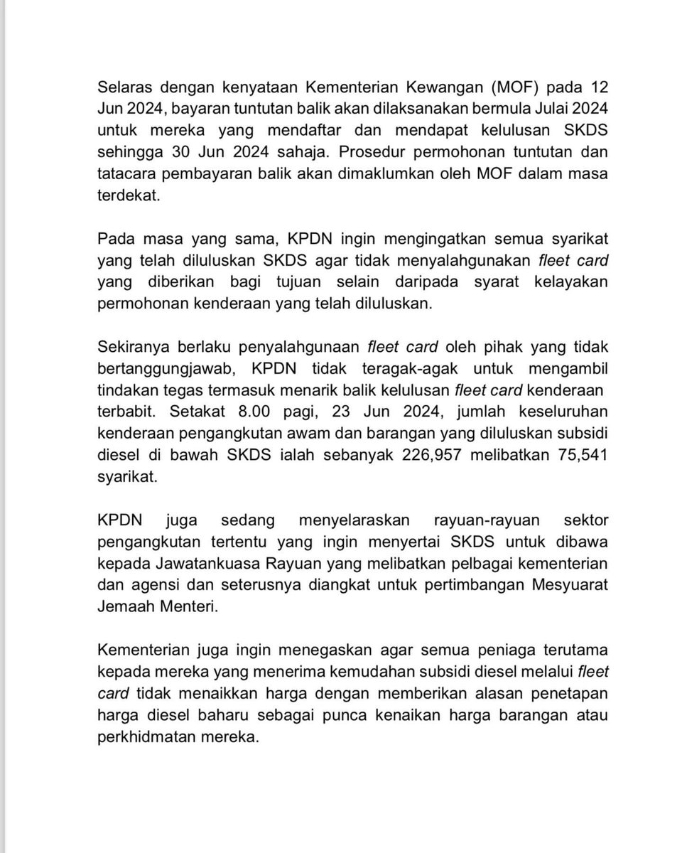 KPDNPerak's tweet photo. [KENYATAAN MEDIA]

KPDN BERI KELULUSAN SERTA MERTA  PERMOHONAN LENGKAP PENGANGKUTAN LAYAK SKDS

PUTRAJAYA| 23 Jun 2024 | Ahad

#KPDN
#MalaysiaMADANI
#SKDS2.0
#RahmahItuBerkat
#KosSaraHidup
#diesel
#FleetCard https://t.co/6Fk6bsF2Ce