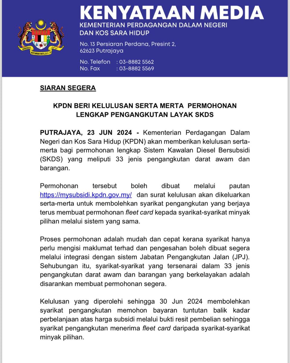 KPDNPerak's tweet photo. [KENYATAAN MEDIA]

KPDN BERI KELULUSAN SERTA MERTA  PERMOHONAN LENGKAP PENGANGKUTAN LAYAK SKDS

PUTRAJAYA| 23 Jun 2024 | Ahad

#KPDN
#MalaysiaMADANI
#SKDS2.0
#RahmahItuBerkat
#KosSaraHidup
#diesel
#FleetCard https://t.co/6Fk6bsF2Ce