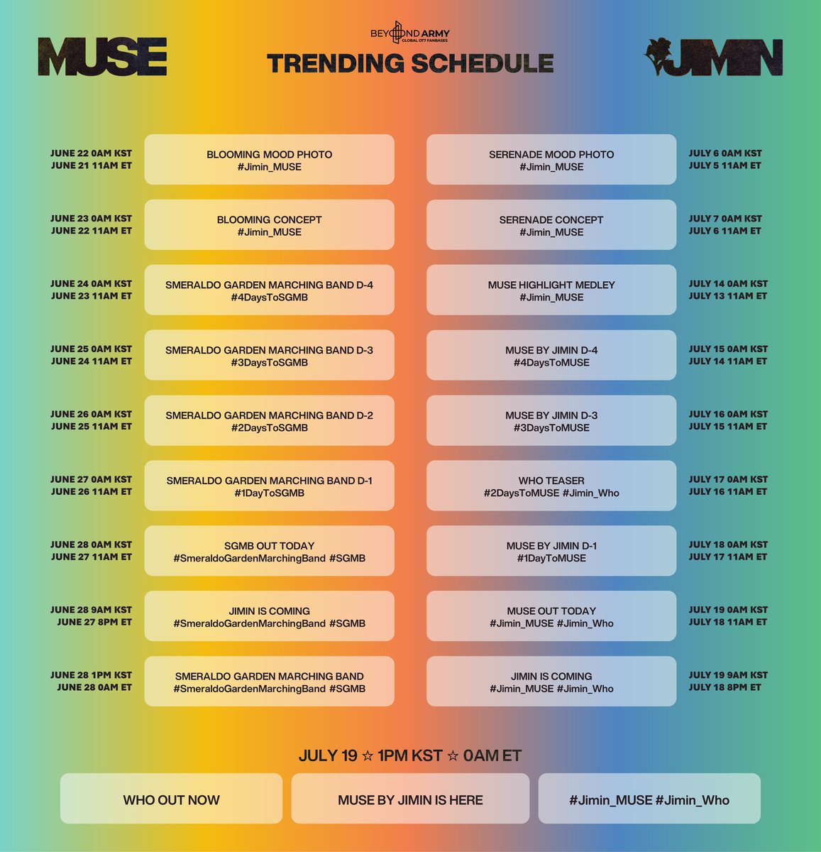🔥The MUSE promo has begun!🔥

We are going to lead the trends, so spread this schedule, and get ready to boost each tag! 

#Jimin_MUSE #Jimin_Who #SmeraldoGardenMarchingBand