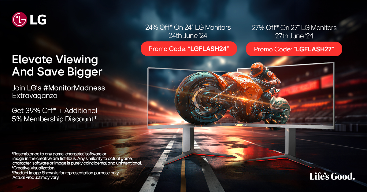 LGIndia's tweet photo. Enjoy 39% off And additional 24% off on 24โ LG monitors on June 24 with code LGMNT24, or save bigger with 27% off on 27โ monitors on April 27 using LGMNT27. Perks like 5% discounts
#MonitorMadness #LGMonitors #MonitorDeals #VisualExcellence #TechSavings #LG #LGIndia #LifesGood https://t.co/0fwTdOyps9