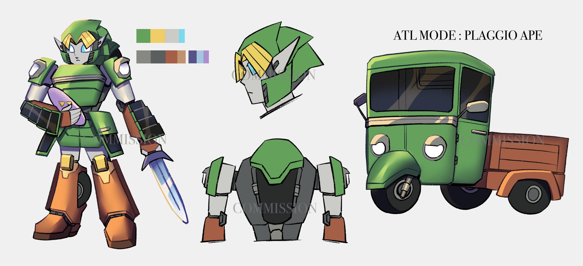 A robotic version of Link from the legend of zelda is pictured here. he is mostly green with white or silver highlights, and brown legs. next to him is a side-view of his head, and below that a shot of his back, showing the tire at the front of his alternate mode. next to these is a picture of his alternate mode: a green and brown Plaggio Ape, a three-wheeled vehicle. It has one wheel in the front and two in the back.