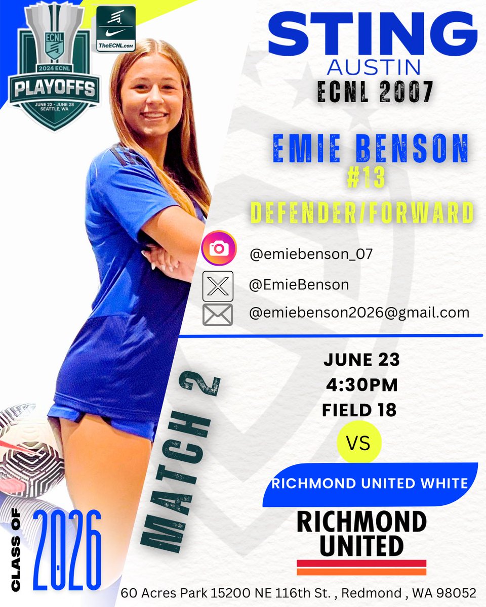 Emie Benson (@emiebenson) on Twitter photo Thank you to all the coaches that came out and watched us today!! Excited for day 2 <a href="/stingaustin07/">StingAustin07_ECNL</a> <a href="/ECNLgirls/">ECNL Girls</a> Thank you to all the coaches that came out and watched us today!! Excited for day 2 <a href="/stingaustin07/">StingAustin07_ECNL</a> <a href="/ECNLgirls/">ECNL Girls</a>