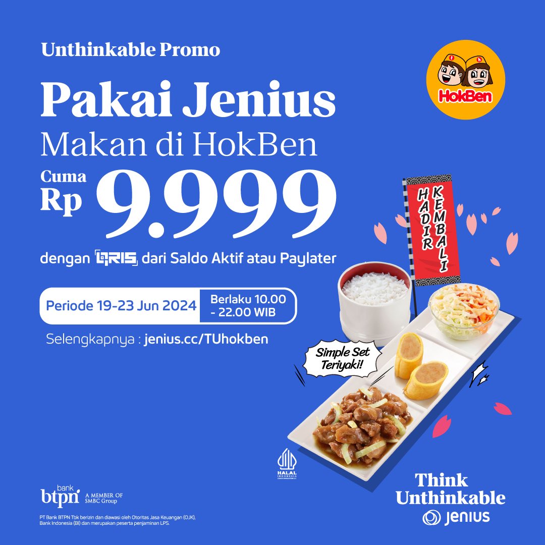 JeniusConnect's tweet photo. Hari terakhir buat nikmatin Simple Set Teriyaki di @HokBen cuma Rp9.999! Bayarnya pakai QRIS dengan sumber dana Saldo Aktif atau Paylater ya!
Promo berlaku jam 10.00 - 22.00 WIB di seluruh cabang Hokben.
Selengkapnya https://t.co/NmiF0yfQGH
#ThinkUnthinkable https://t.co/dZn2C4ashn