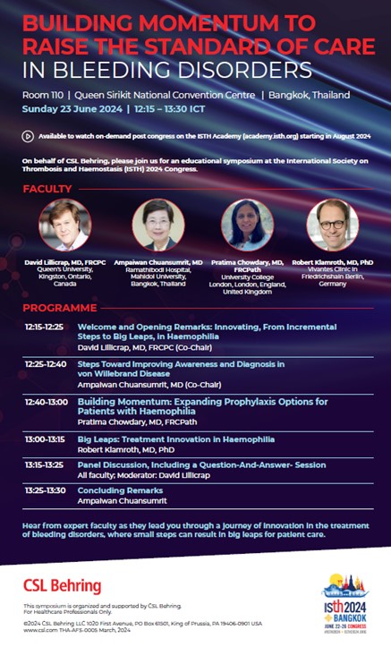 For those attending #ISTH2024, we hope you can attend our “Building Momentum to Raise Standard of Care in Bleeding Disorders” symposium today to learn about the evolving bleeding disorder treatment landscape.