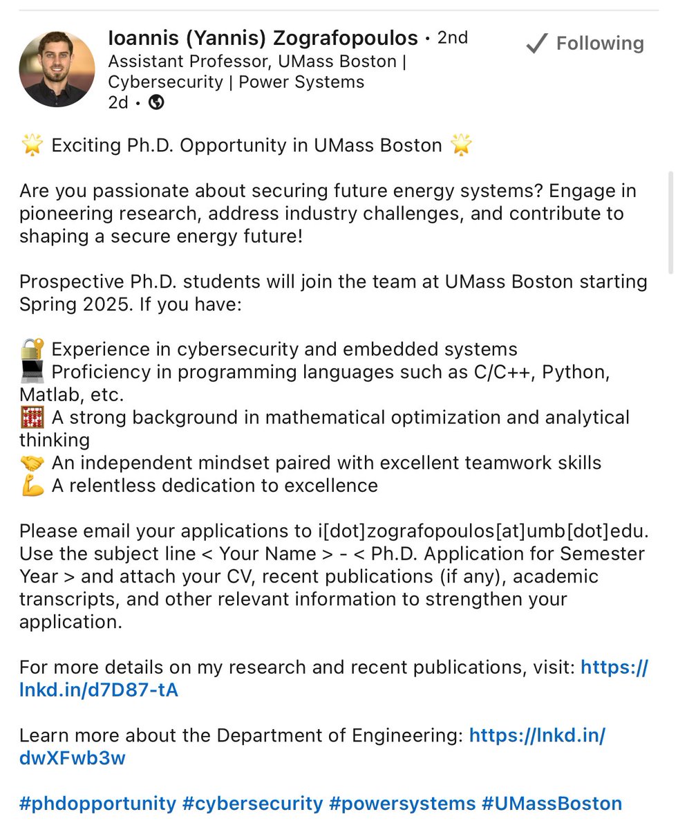 UmairxAhmad's tweet image. Ph.D. Opportunity in UMass Boston in securing future energy systems #phdopportunity #cybersecurity #powersystems #UMassBoston