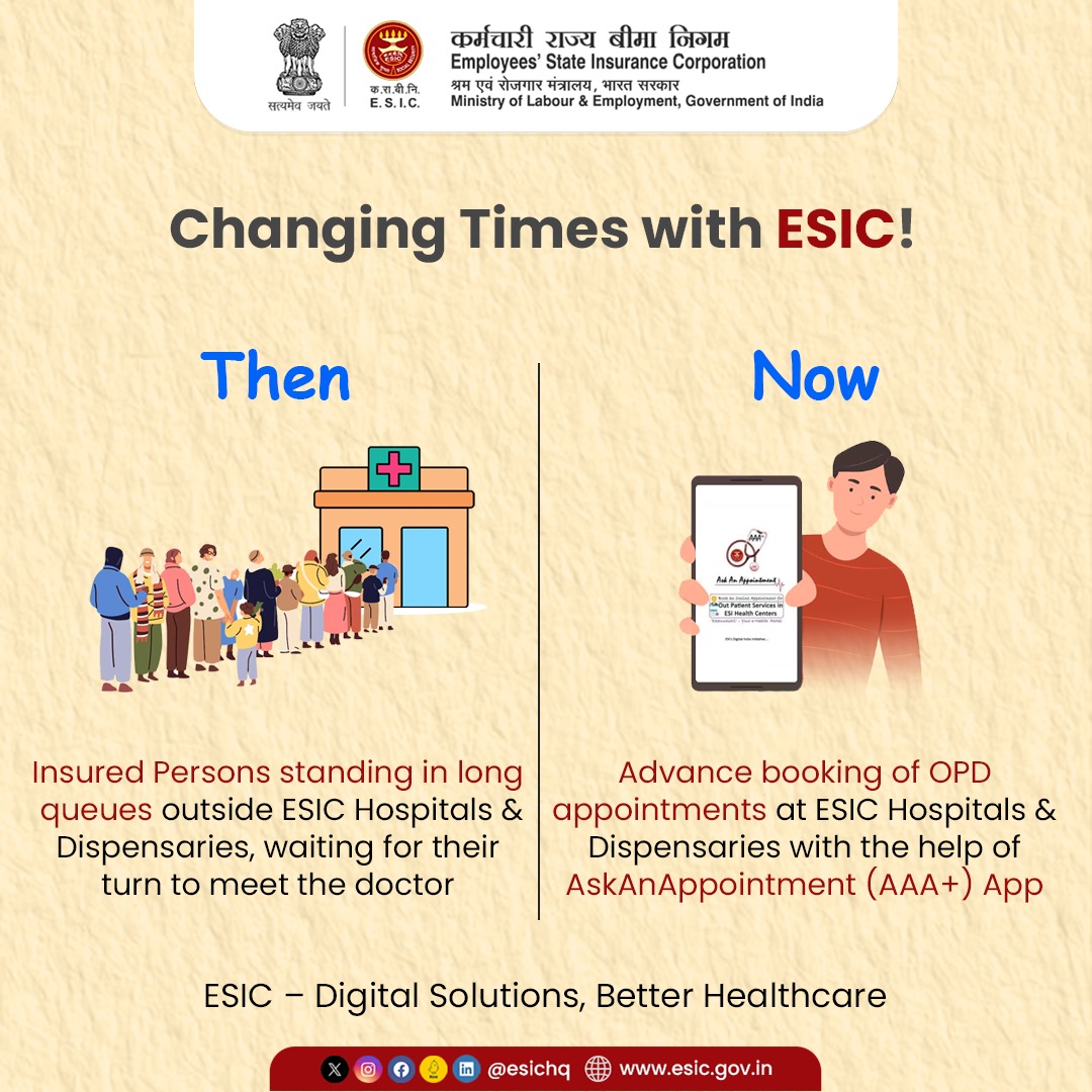 esichq's tweet image. By incorporating innovative digital solutions into its healthcare system, ESIC has changed the face of prevalent scenarios at ESIC Hospitals and Dispensaries. 

#ESICHq #AskAnAppointmentApp #MobileApplication #DigitalSolutions #OPDSolution #InsuredPerson #ESIBeneficiaries