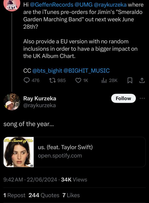 mhereonlyforbts's tweet photo. RT + REPLY 

.@GeffenRecords and @bts_bighit please look into this extremely unprofessional behavior of 
@raykurzeka,the head of Streaming in Geffen Records.We request you to stop ignoring our demands and please promote  your artist properly!

GEFFEN APOLOGIZE TO JIMIN https://t.co/LhQNYKwHt0