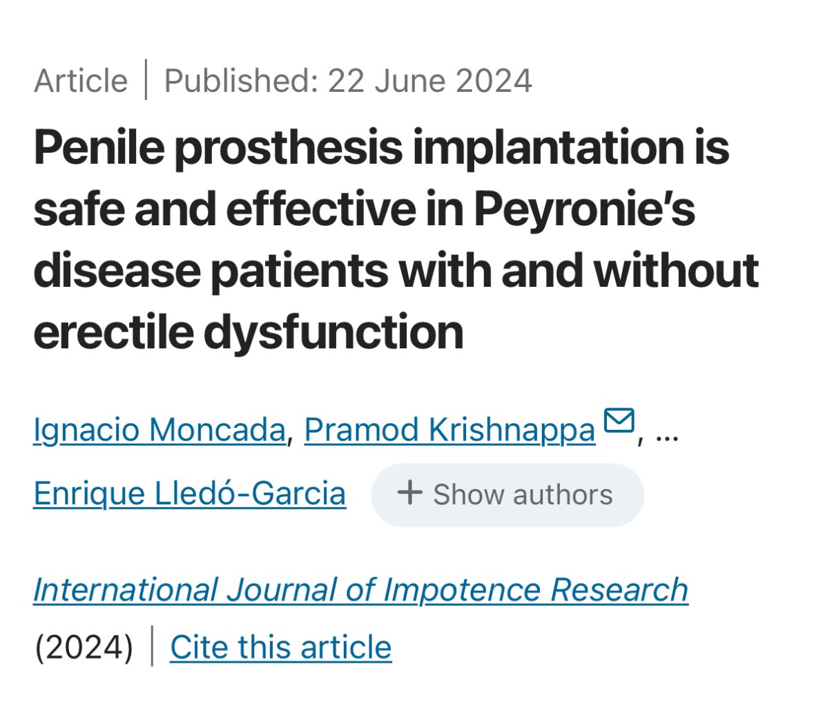 Very happy to have published our point of view on the role of Penile Implant in Peyronie’s disease patients WITHOUT erectile dysfunction. Many thanks to my mentor and friend <a href="/imoncada/">Ignacio Moncada</a> for this opportunity. Read the article here: nature.com/articles/s4144… <a href="/yoursexmedjour/">IJIR: Your Sexual Medicine Journal</a>