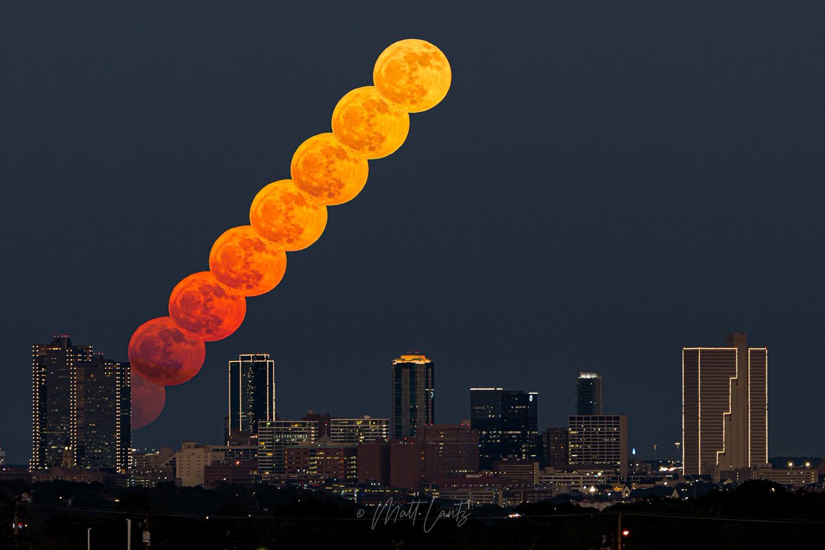 mattlantz's tweet photo. This is an 8-photograph composite of the Strawberry Moon rising above the Fort Worth skyline yesterday evening. 

#FortWorth #Texas #moon #fullmoon #strawberrymoon #dfwwx #txwx https://t.co/CKqNeK0TQv