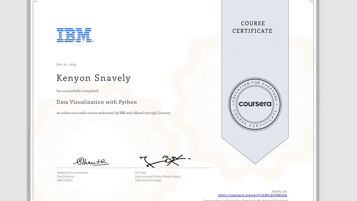 KenyonMusic's tweet photo. Two more courses to go! DATA SCIENCE! https://t.co/Xzv1vohJSJ