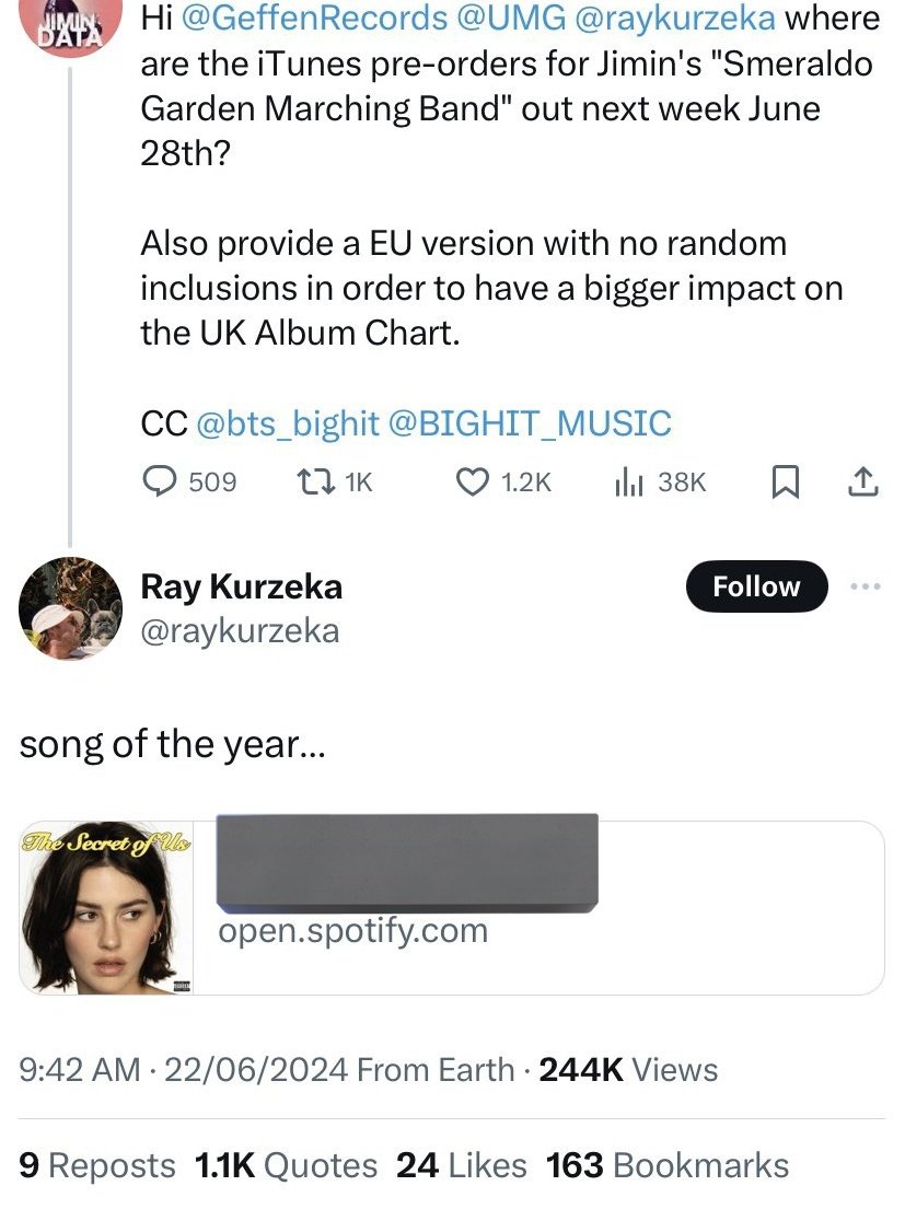 ‼️👇🏻
Deleting wont change how unprofessional the head of streaming in <a href="/GeffenRecords/">Geffen Records</a> was behaving towards one of their own Artist. We demand answers for this shameless behaviour &amp; to treat him with Respect.

Provide Jimin‘s Pre Release with Pre orders on iTunes <a href="/UMG/">Universal Music Group</a> <a href="/BIGHIT_MUSIC/">BIGHIT MUSIC</a>
