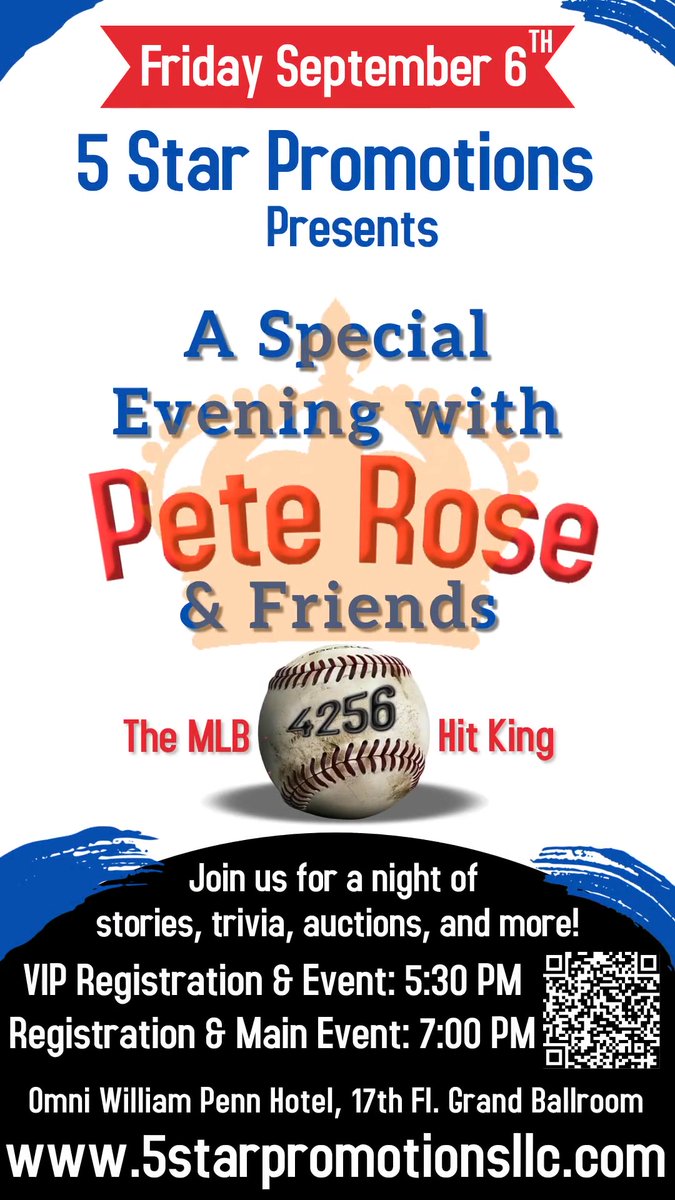5StarPromoLLC's tweet photo. https://t.co/IeQKnlWSXL

Stop the press!

Major league baseball hit king Pete Rose returns to Pittsburgh on Friday, September 6th for a one-night special event.Located at the Historic Omni William Penn, located inside the exquisite Grand ball room, with theatre &amp; balcony seating. https://t.co/HsdbxXzA92