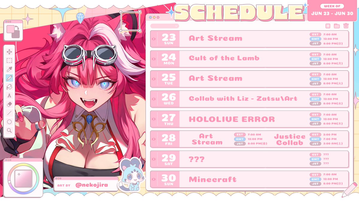 raorapanthera's tweet photo. ๐ฑFIRST SCHEDULE!๐ฑ
June 23 - June 30
Can't wait to have so many funny moments with Chattini! ~
โโโโโ โโ
โโ
โ โโโโโ
Art โท #RaorArt
Stream โท #CiaoRaora
Memes โท #RaraWara
Assets โท #4Raora
โโโโโ โโ
โโ
โ โโโโโ
๐จart by @Nekojira mama! https://t.co/RCCPqSP6HL
