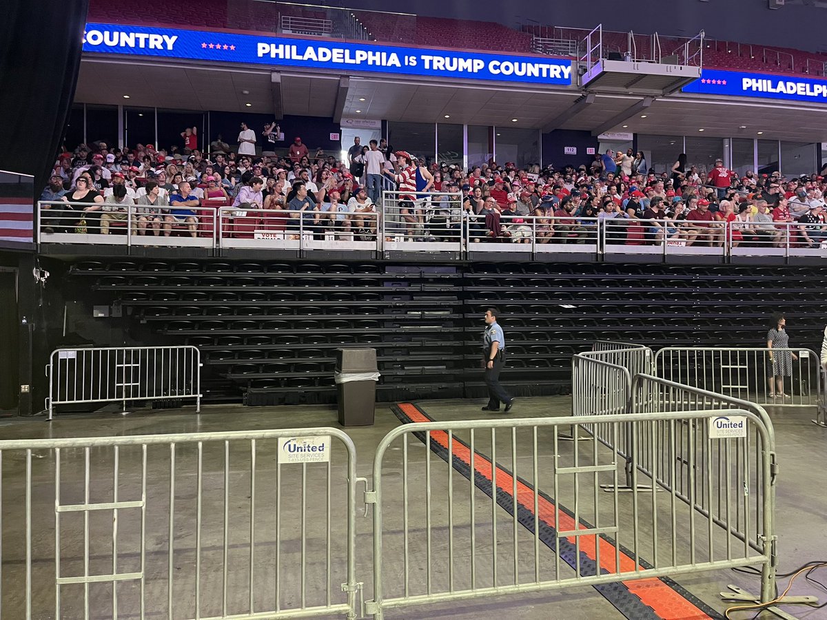 Donald Trump just spoke for 83 minutes at the <a href="/TempleUniv/">Temple University</a> <a href="/LiacourasCenter/">The Liacouras Center</a>, which seats 10,000. Signs say “Philadelphia is Trump country” but the arena’s large third tier is empty, as are the fold-out floor bleachers on two sides. No line to get inside an hour before Trump spoke.