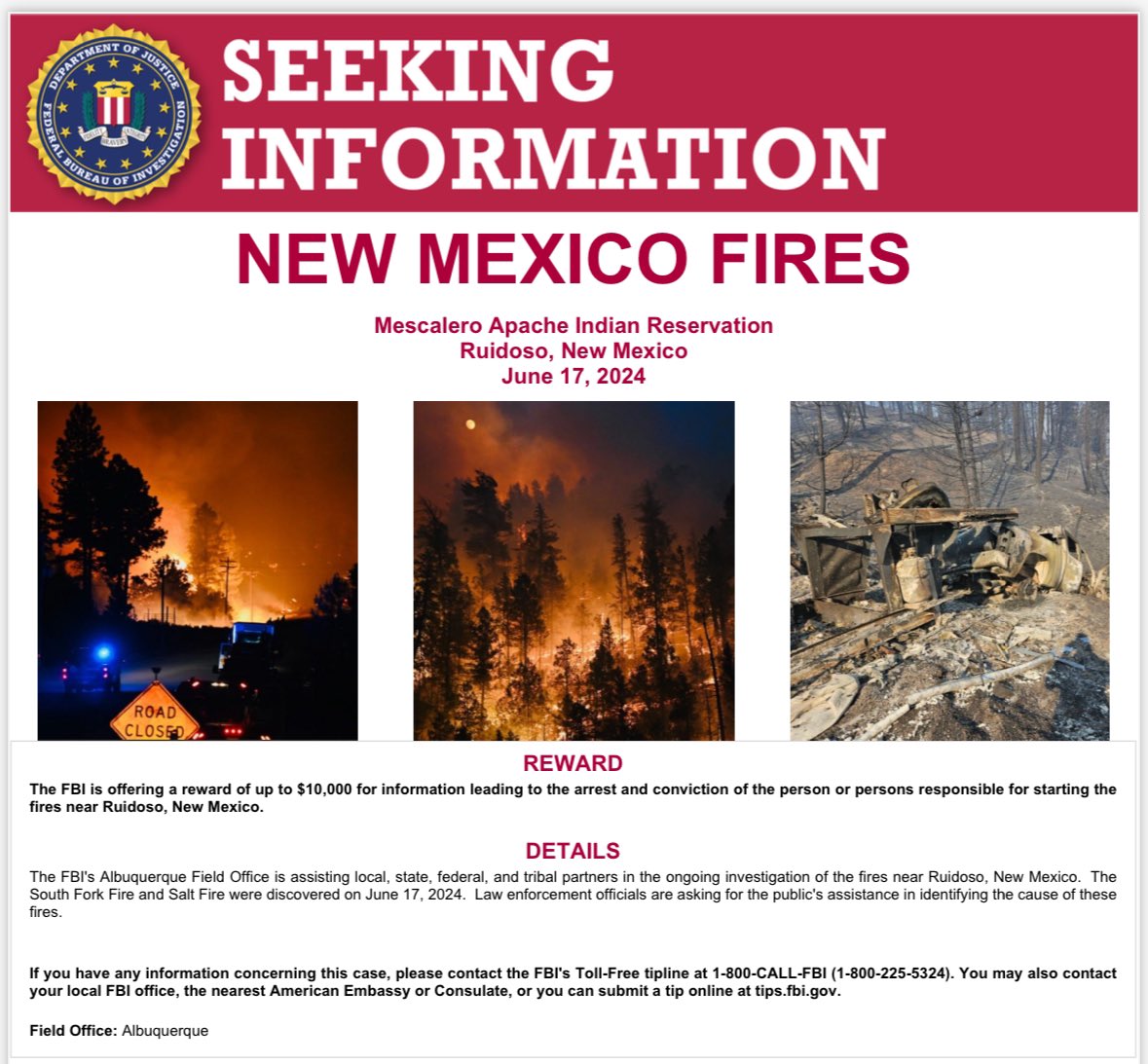 gburkNM's tweet photo. The FBI is now offering a reward leading to the arrest of the person or persons who started fires in #Ruidoso @FBIAlbuquerque #SouthForkFire #MescaleroApache #NewMexico https://t.co/Y1rjnbGu1S