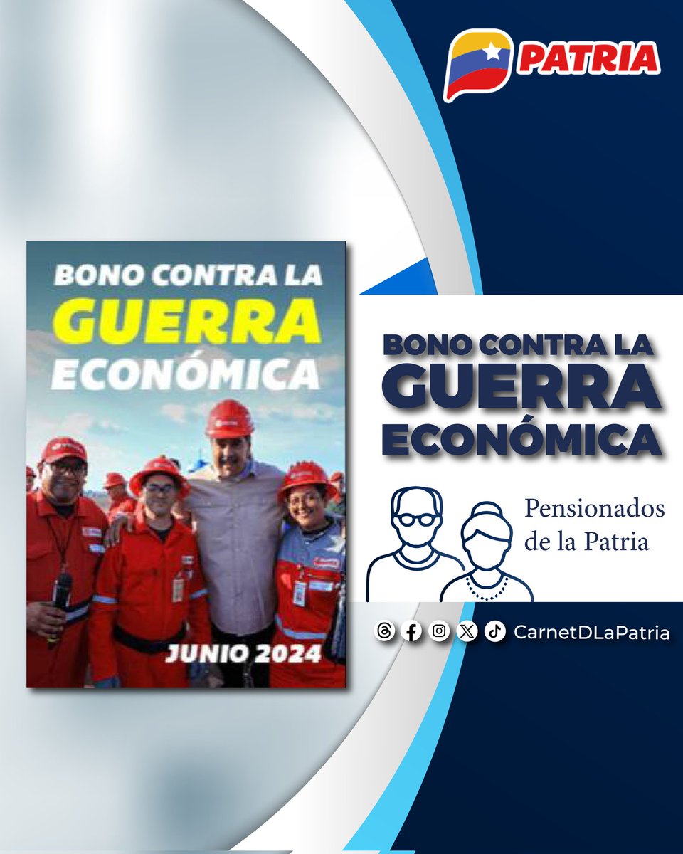 Inicia el pago del #BonoContraLaGuerraEconómica Junio 2024, aprobado por el presidente <a href="/NicolasMaduro/">Nicolás Maduro</a>, a través de la #PlataformaPatria.
Dirigido a pensionados y pensionadas, como parte del esfuerzo para proteger el bienestar social del pueblo.

#CombatientesConNico #22Jun
