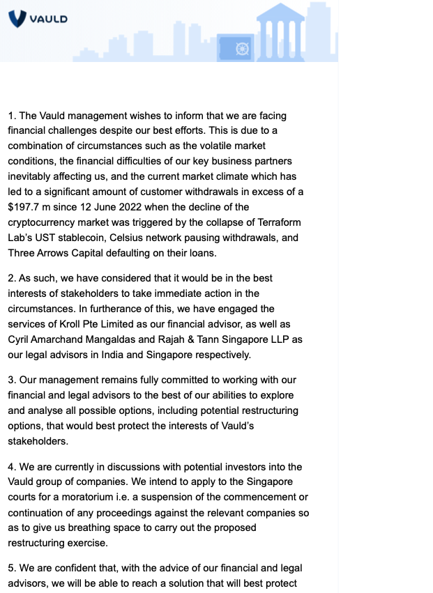 vauldpeople's tweet image. Two years ago today on July 4, after mendaciously promising for weeks that it had a &quot;conservative&quot; investment strategy that protected it from the mid-2022 crash in crypto prices, @darshanbathija disclosed that it would freeze withdrawals and begin restructuring.
