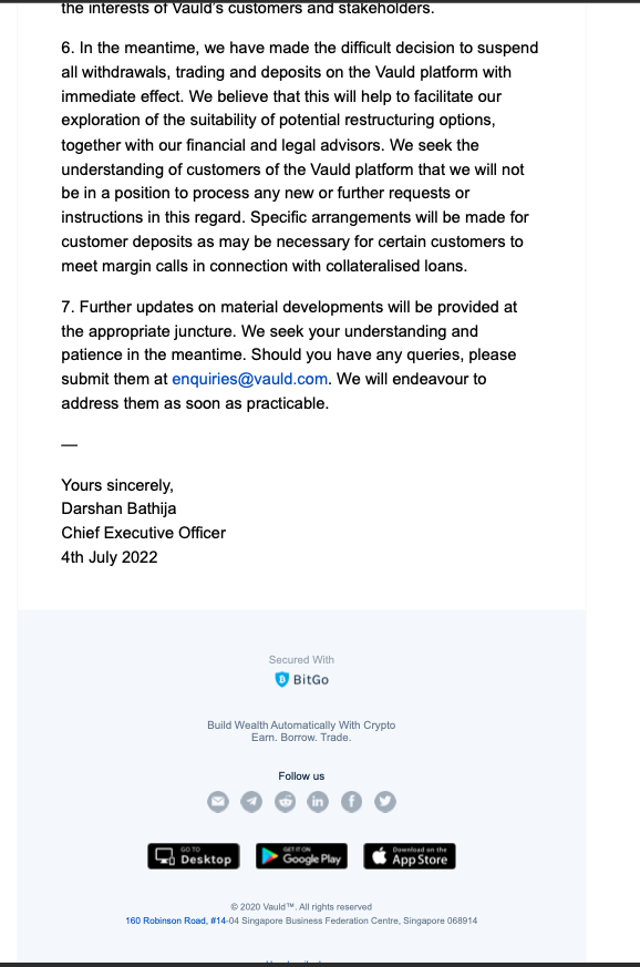 vauldpeople's tweet image. Two years ago today on July 4, after mendaciously promising for weeks that it had a &quot;conservative&quot; investment strategy that protected it from the mid-2022 crash in crypto prices, @darshanbathija disclosed that it would freeze withdrawals and begin restructuring.