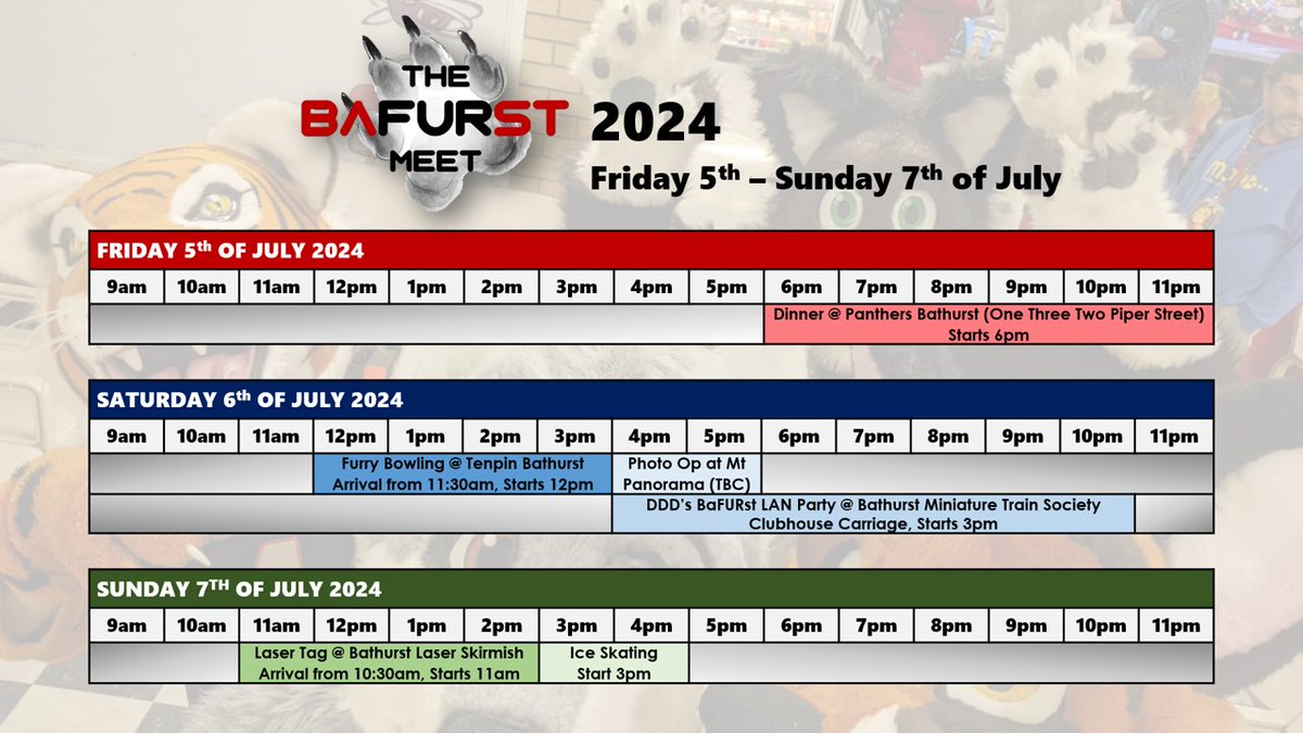 Can you believe there is only 2 weeks left until BaFURst Meet 2024 hits?!

Are you feeling hyped? 'cause we sure are!

With that said, the schedule has now been released and you can find it attached to this update :)

Can't wait to see you all there~!